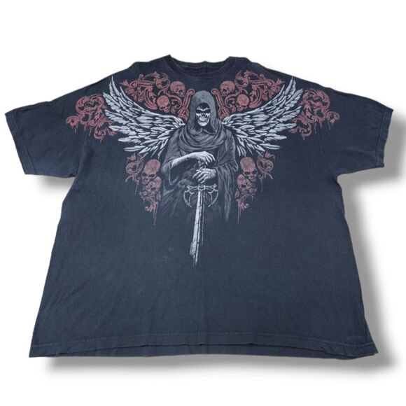 2009 Liquid Blue Shirt Size 4XL Y2K Grim Reaper Skulls Sword Graphic Tee Cut Tag - Picture 1 of 6